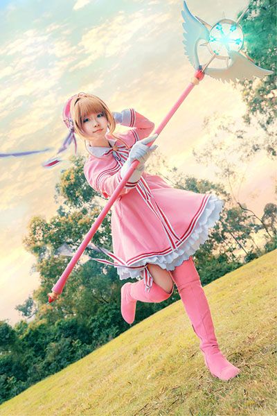 カードキャプターさくら 木之本桜 衣装 ウィッグ 杖 コスプレ s-